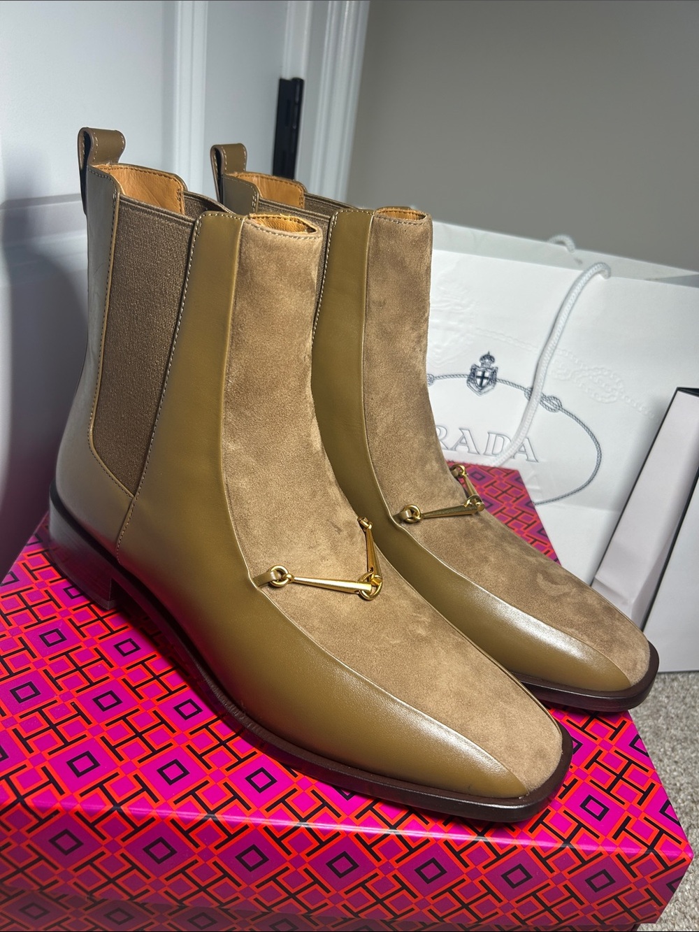 Tory Burch Tan Suede & Leather Chelsea Booties with Gold Horsebit